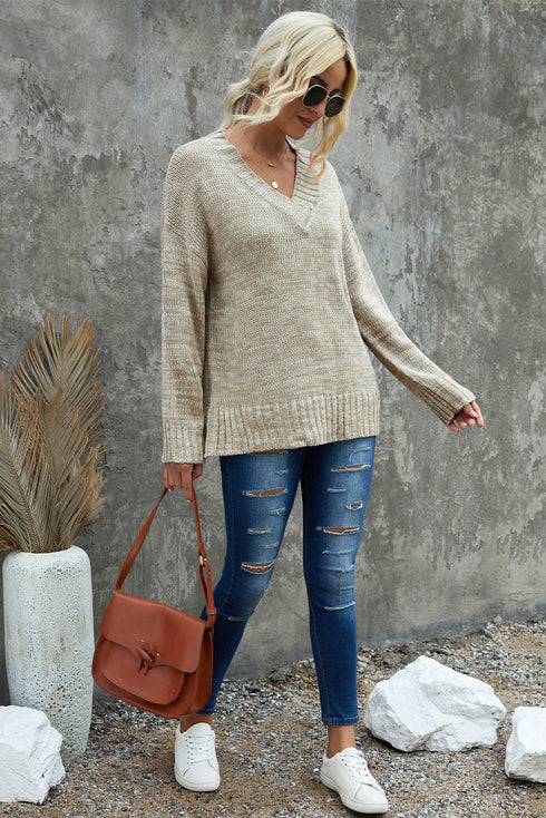V Neck Drop Shoulder Knitted Sweater
